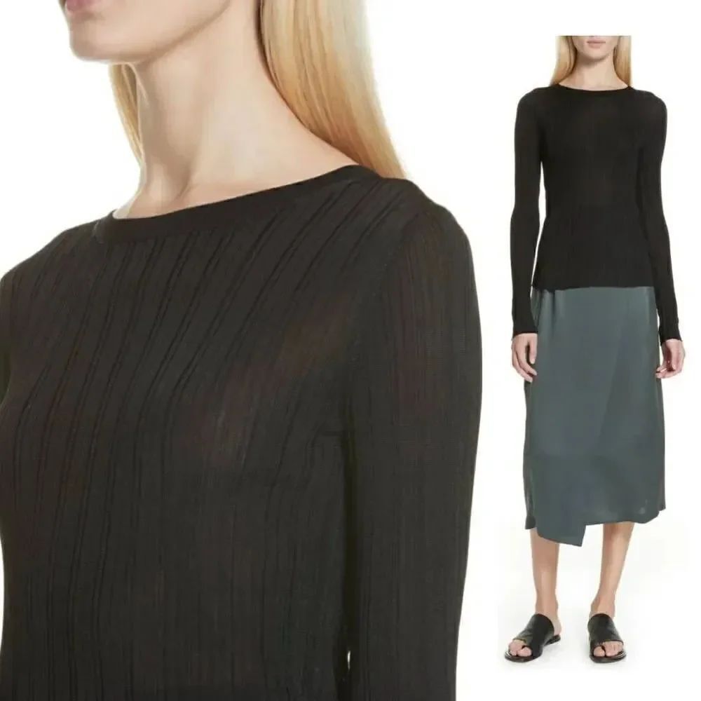Vince Ribbed Crewneck Sweater, Black XS $225